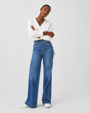 Jeans Spanx Seamed Front Anchos Leg Mujer Indigo | KM2869371