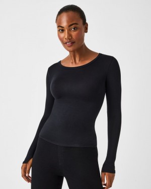 Tops Spanx Better Base Long Sleeve Crew Mujer Negras | CK1567904