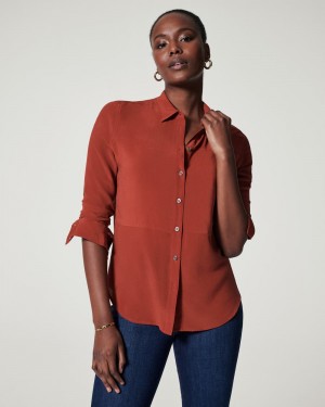 Tops Spanx Low Maintenance Silk Button Down Mujer Naranjas | JW4950162