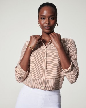 Tops Spanx Low Maintenance Silk Button Down Mujer Rayadas | JO6035789