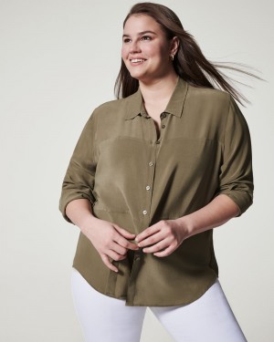 Tops Spanx Low Maintenance Silk Button Down Mujer Verde Oliva | OS3420698