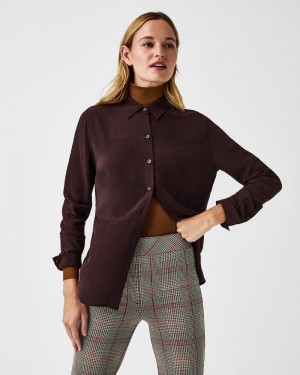 Tops Spanx Low Maintenance Silk Button Down Mujer Rosas Chocolate | MV7489351