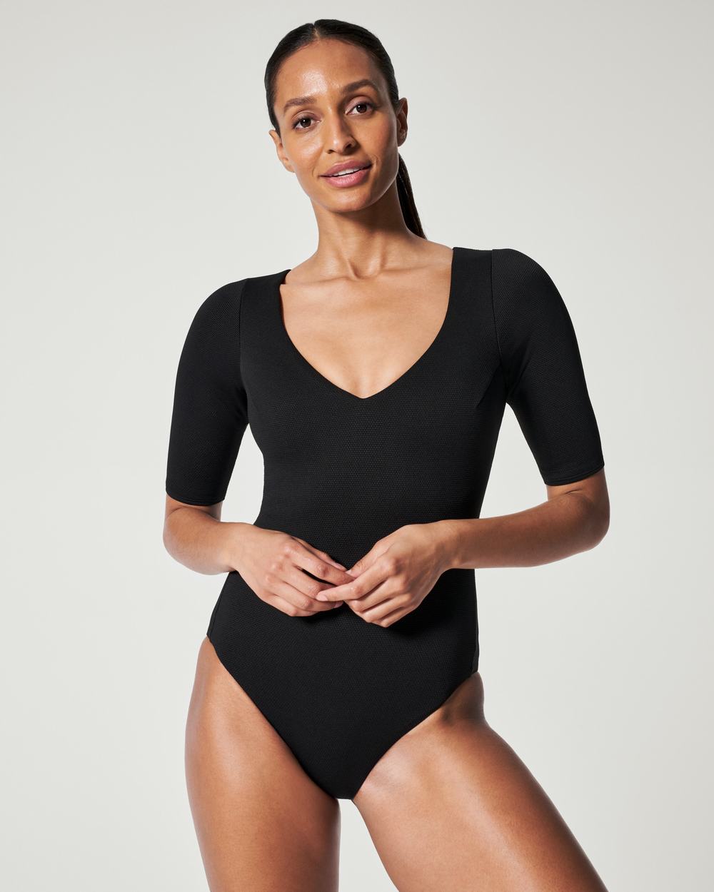 Trajes De Baño Spanx Pique Shaping Plunge Corta Sleeve One Piece Mujer Negras | MN9178463