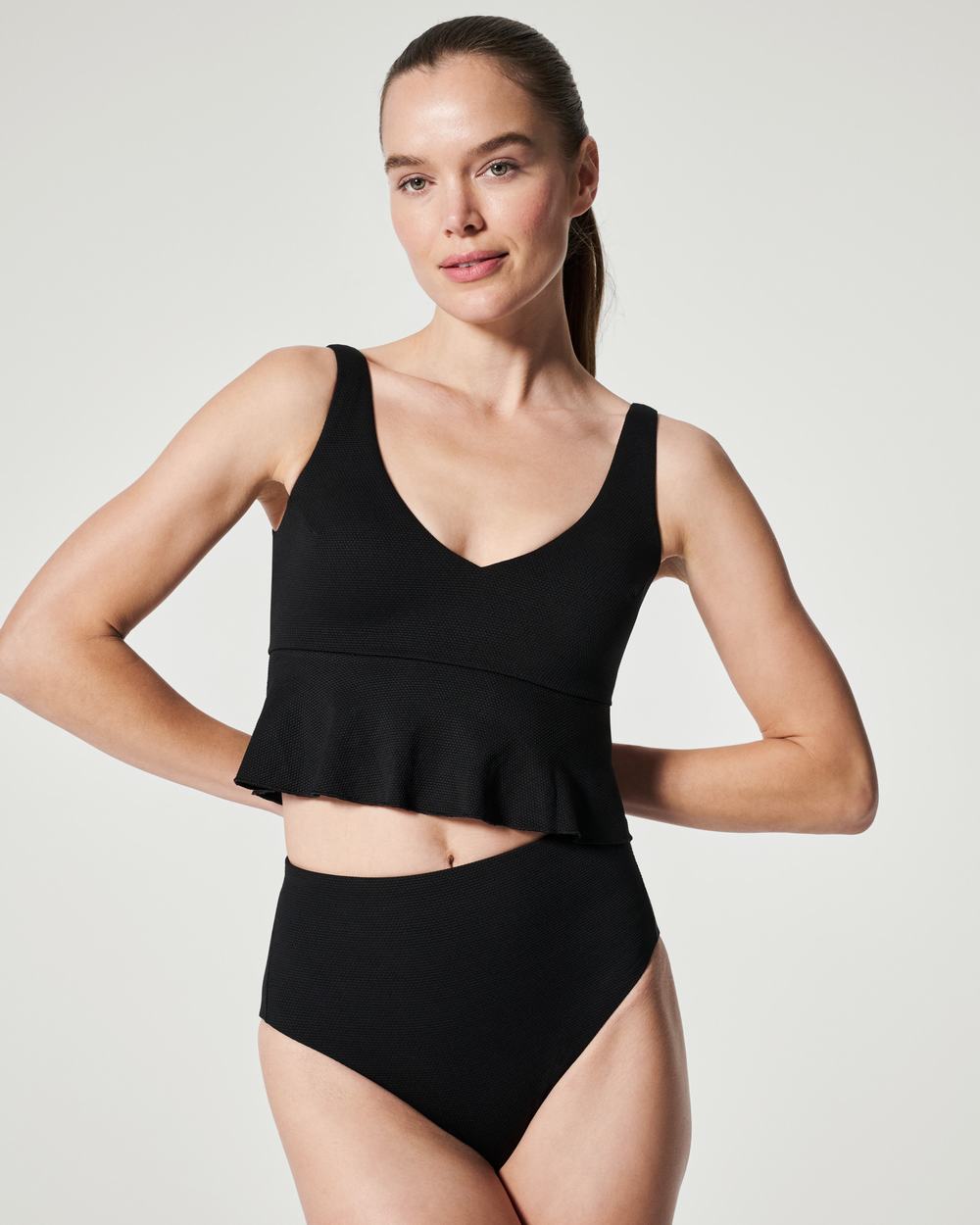 Trajes De Baño Spanx Pique Longline Flounce Swim Top Mujer Negras | BT3892170